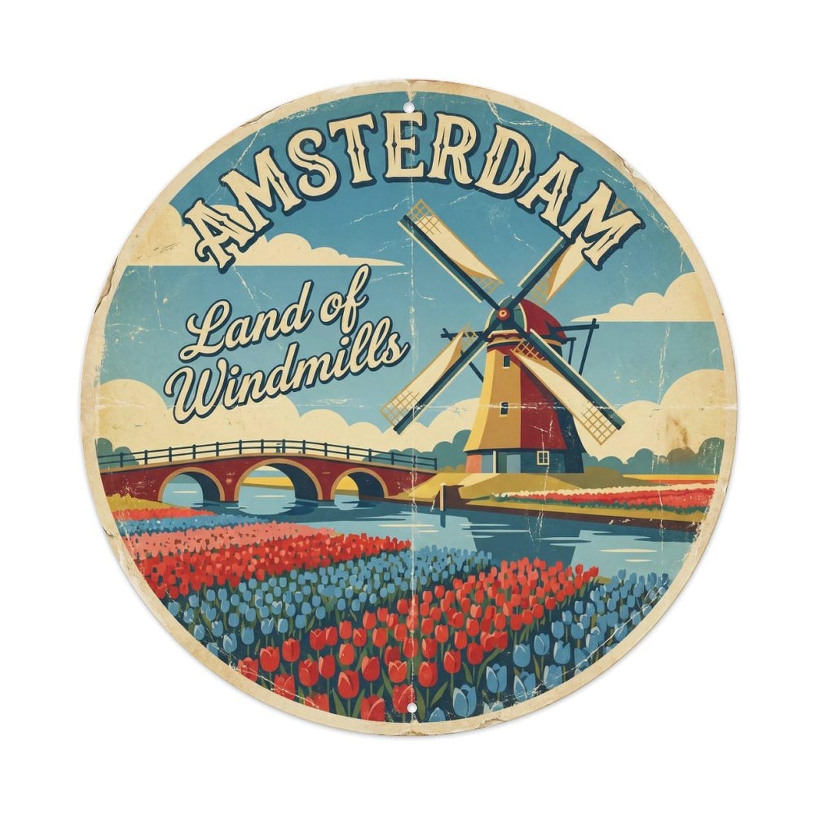 Vintage Travel Windmill Amsterdam Canal Metal Tin Sign Plaque Wall Decor for Cafe, Club, Garden Round Metal Poster 8x8Inch