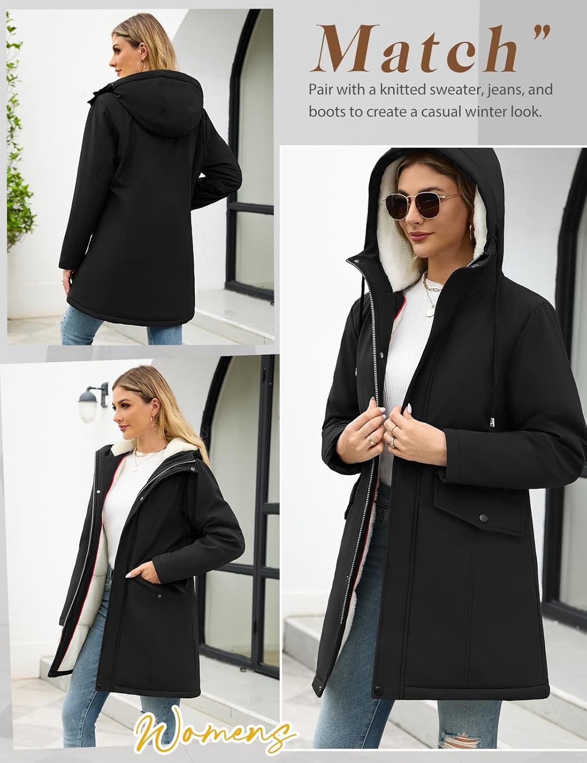 Women's Winter Rain Jackets Water-Repellent, Warm Fleece Lined Winter Rain Coats with Adjustable Hood & Hidden Pockets - Image 2