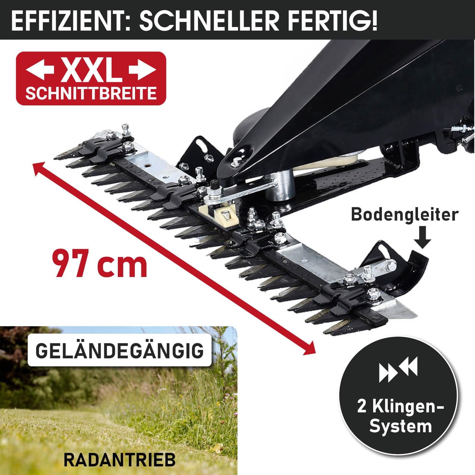BRAST® Balkenmäher Benzin 3,5kW(4,8PS) mit Antrieb Schnittbreite 97cm Luft-Bereifung mit Geländeprofil Rasenmäher Hochgrasmäher Wiesen-Mäher 196ccm