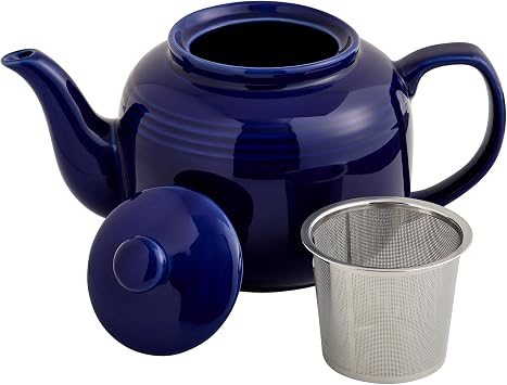 HIC Kitchen House of Prill Teapot with Stainless Steel Infuser, Fine Porcelain, Cobalt, Steeps Loose Tea, 6-Cup, 32-Ounce Capacity