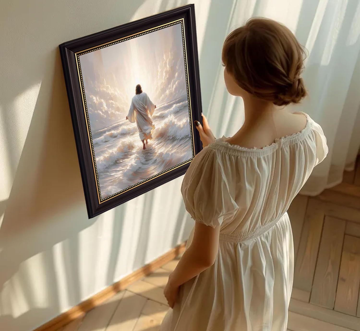 Dark Brown Framed Jesus Walks On Water Canvas Wall Art Jesus walking on water back view Wall Decor Picture Christian Bible Stories Poster Print painting for Living Room Bedroom Church Decoration