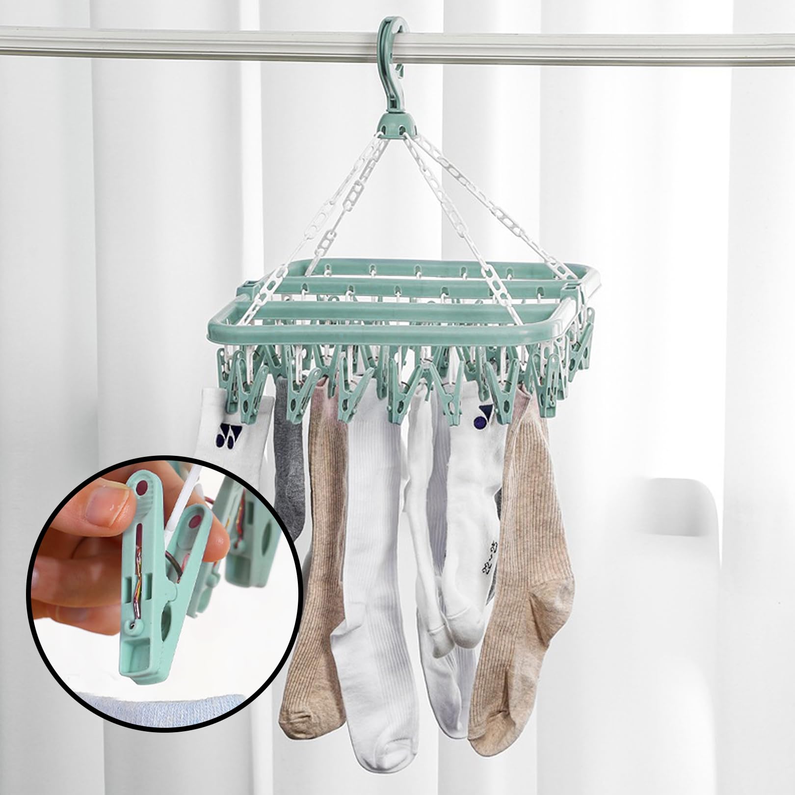 Grucce per asciugare i calzini, design pieghevole, multifunzione, appendiabiti, per interni, con 32 mollette, antivento, per calze, biancheria intima, vestiti, cappelli, piccoli articoli per la