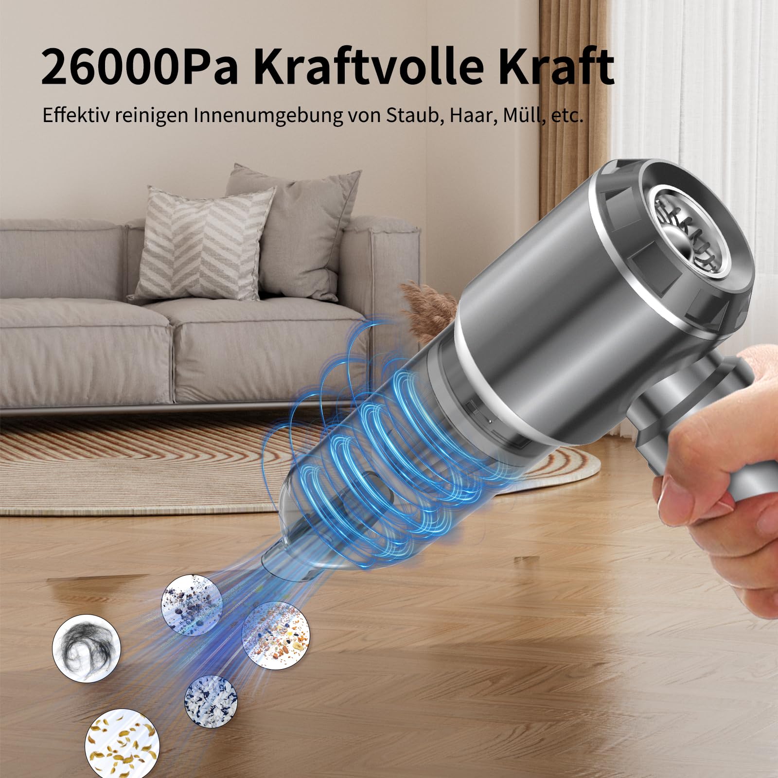 Handstaubsauger, Handstaubsauger Akku, 26000Pa Autostaubsauger mit Bürstenloser Motor, 3-Gang Mini Staubsauger, Auto Kabellos Staubsauger für Büro Genutzt, Haus, Küche, Tierhaare