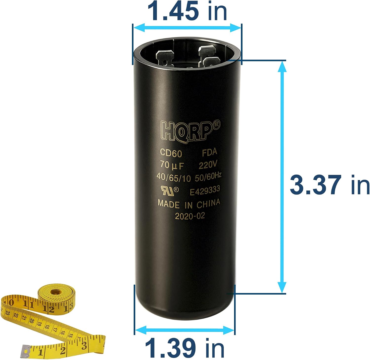 HQRP 70uF 220V Start Capacitor Compatible with AC Electric Motor Start HVAC Blower Compressor Pump 70MFD CD60 UL Listed