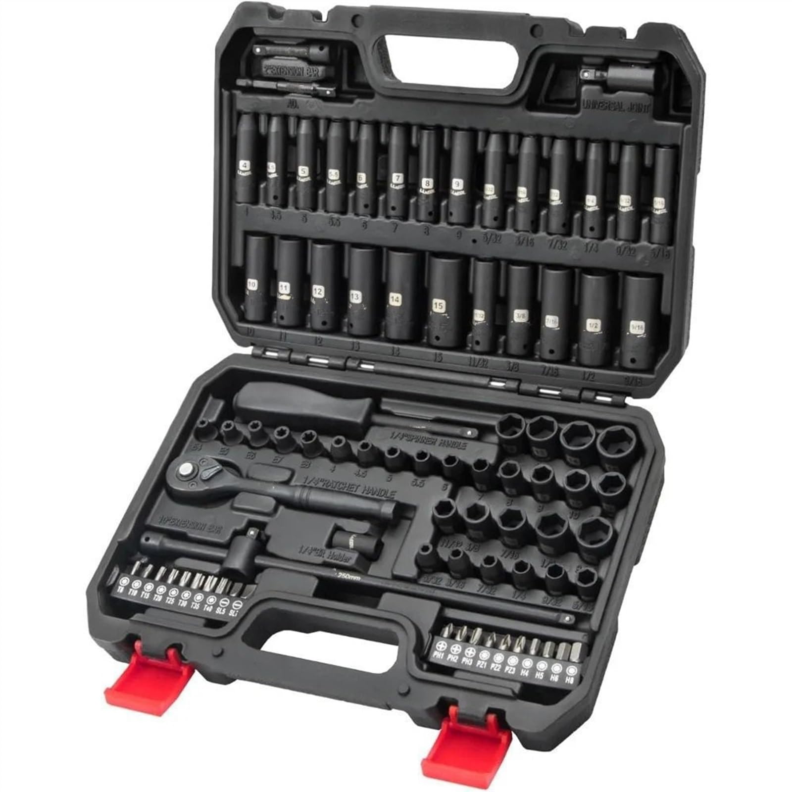 Zestaw Narzędzi Zestaw nasadek udarowych 1/4 cala, 83 szt. kluczy nasadowych metrycznych i SAE od 4 do 15 mm, 5/32-9/16", 6-punktowy CR-V głęboki i płaski klucze nasadowe