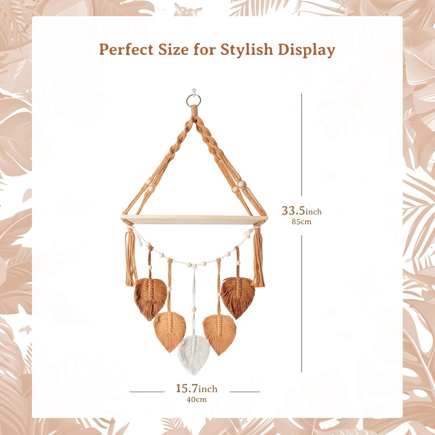Boho Macrame Wall Hanging Shelf with Brown Beige Leaves, Natural Wood Floating Shelf for Wall Decor, Hanging Plant Shelf for Bedroom Living Room Nursery, Display Rack for Books Photos Candles