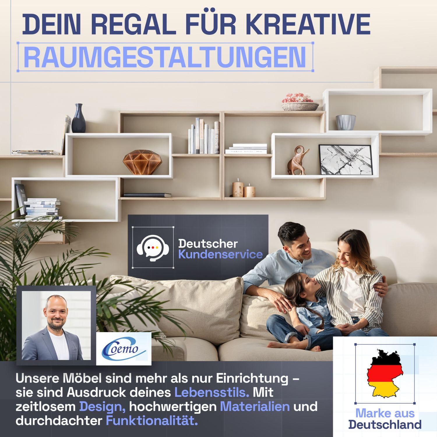 TRAUMMÖBEL Wandregal Karo Natur/Weiß Bücherregal Holz Hängeregal Schweberegal für Wohnzimmer, Schlafzimmer und Küche
