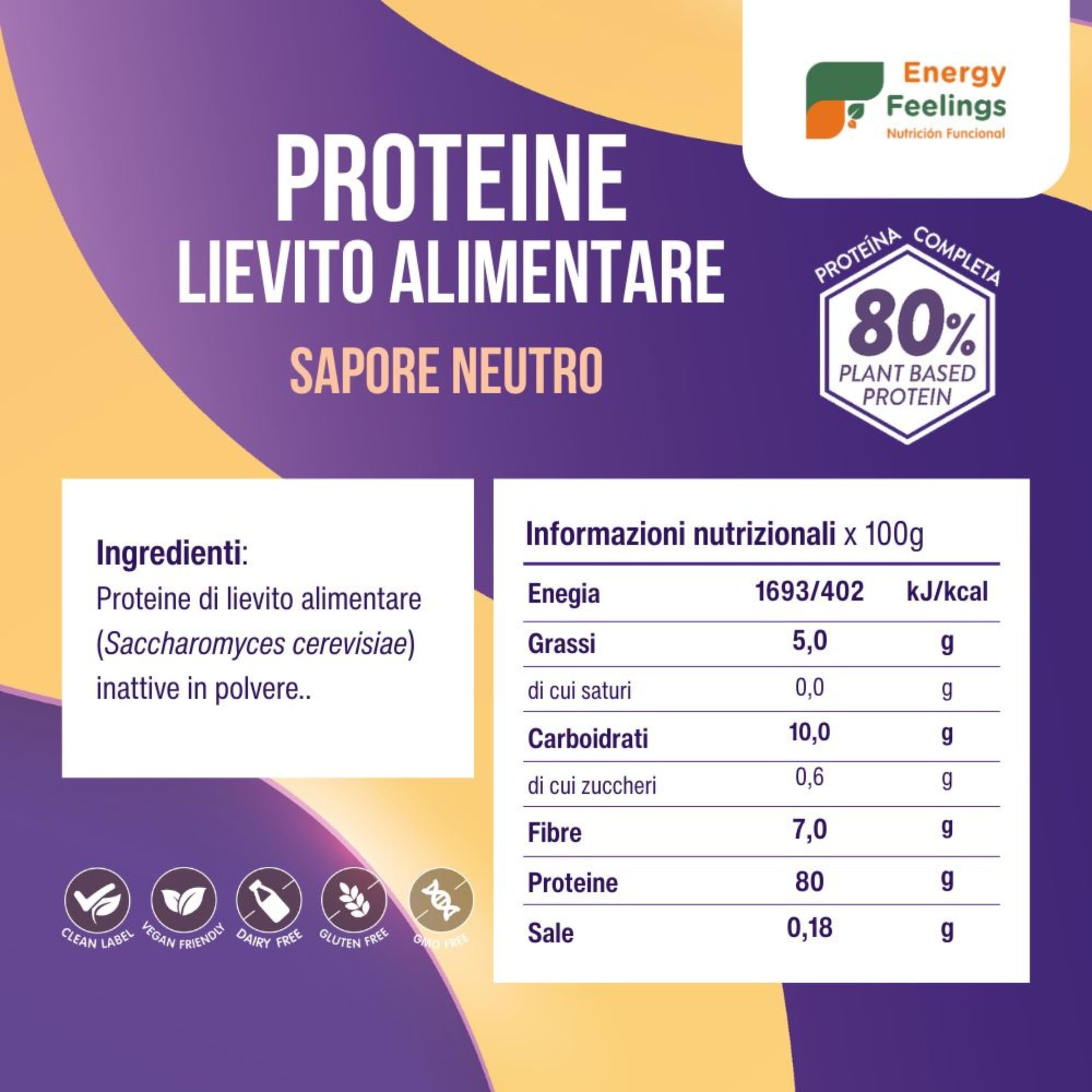 Energy Feelings Proteine in Polvere Vegane di Lievito Nutrizionale 1kg, Proteine Vegetali in Polvere Senza Lattosio e Glutine 82%, Per l’Aumento della Massa Muscolare, Gusto Neutro Senza Aroma