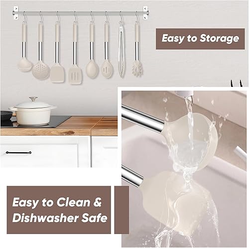 Miniatura 6 de TeamFar Juego de 8 utensilios de cocina, utensilios de cocina de silicona, con mango de acero inoxidable, para freír, servir, voltear y escurrir, no