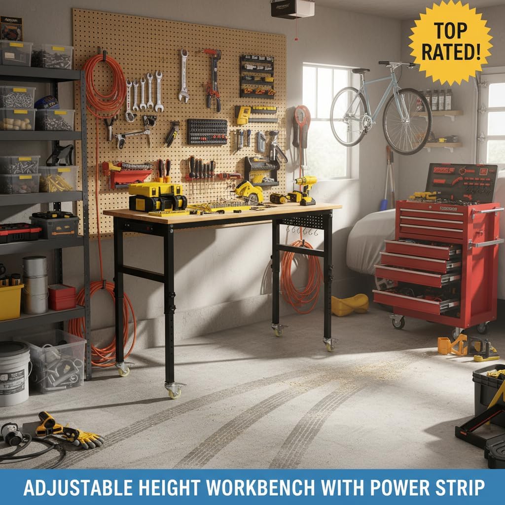 48" Adjustable Workbench with Power Outlet, Heavy Duty Work Table, 29.5"-39.4" Height Adjustable Workbench with Wheels & Pegboard, for Garage Office Workshop Home Commercial