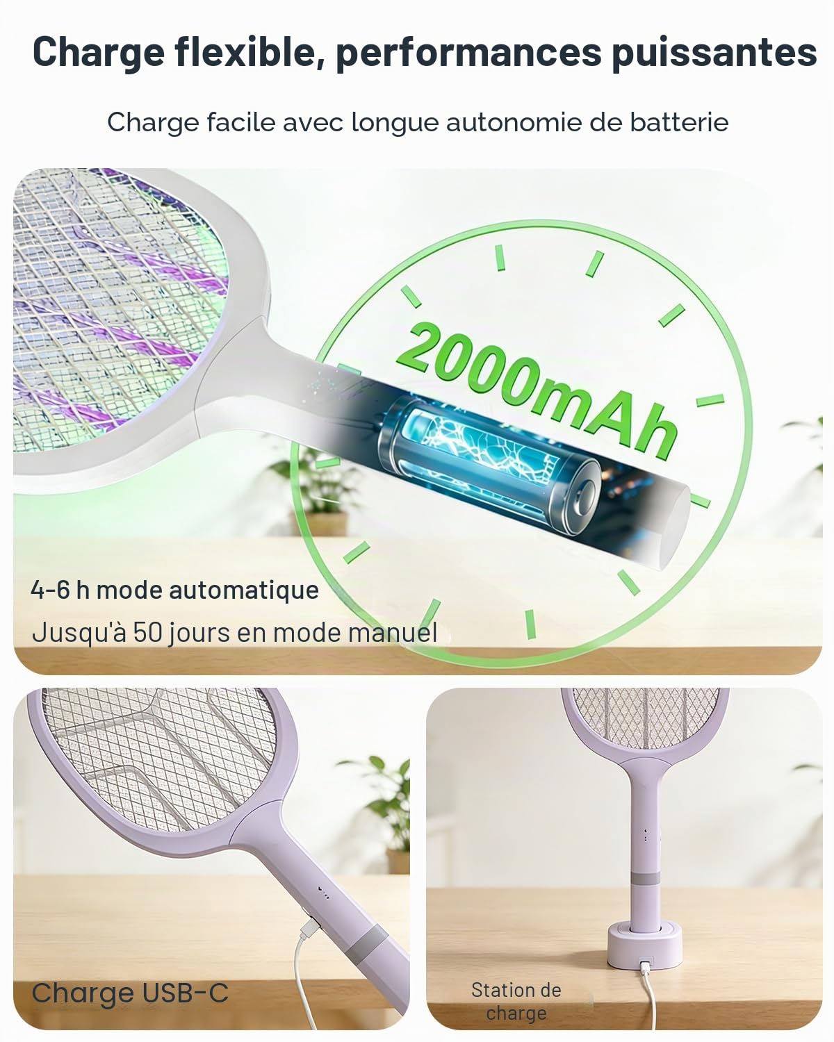 Raquette Électrique Insectes 4800V Anti Moustique 2 en 1 avec Lumière UV Rechargeable USB-C 2000mAh
