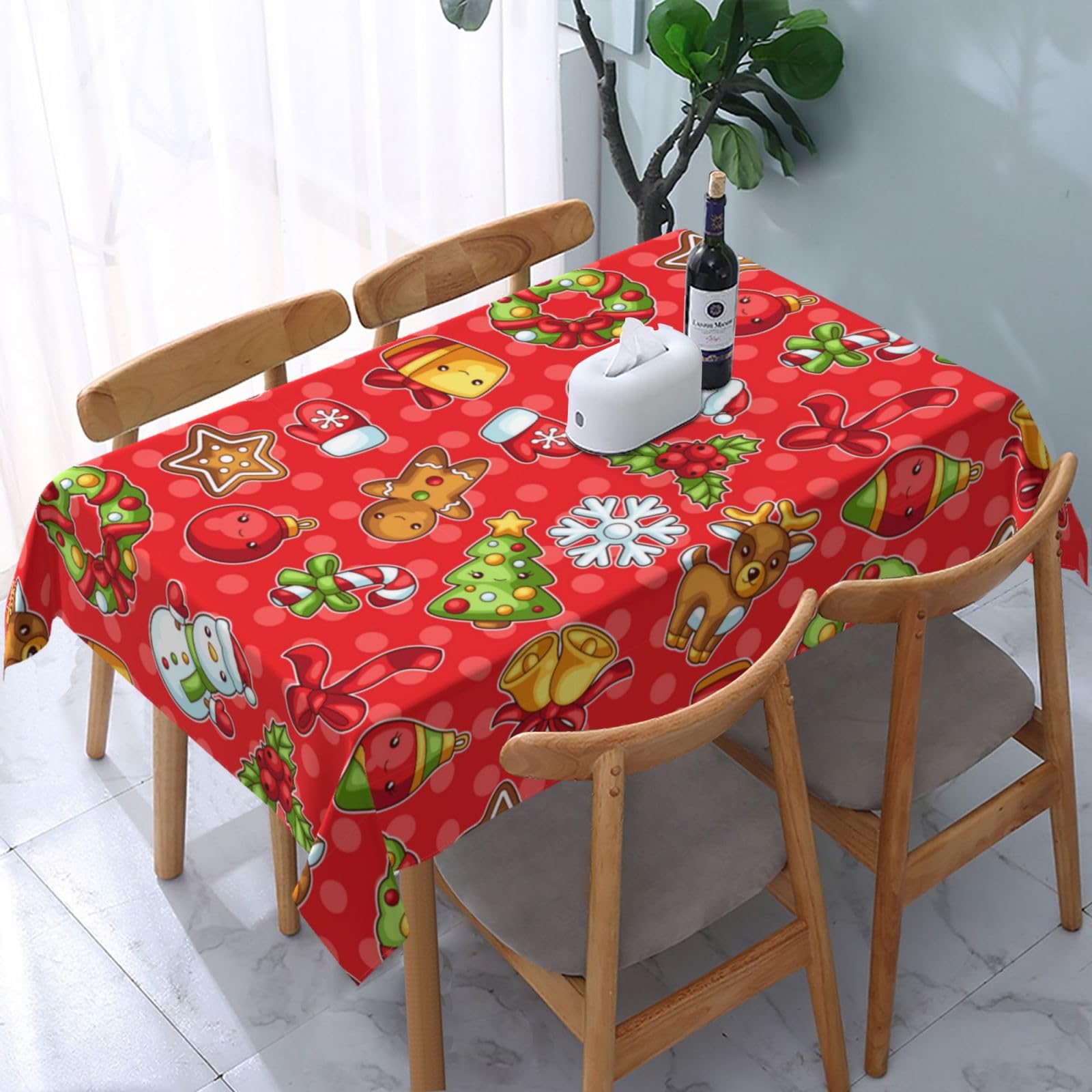 JunHeArt Merry Christmas Cute Santa Pattern Tablecloth Rectangle Table Cover Washable Table Cloths Decor For Kitchen 54" X 72"