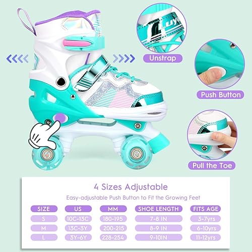 Miniatura 2 de Patines ajustables para niñas y niños, 4 tamaños de 6 a 12 y 3 a 5 años, patines para niños con 8 ruedas brillantes iluminadas, 3 colores brillantes