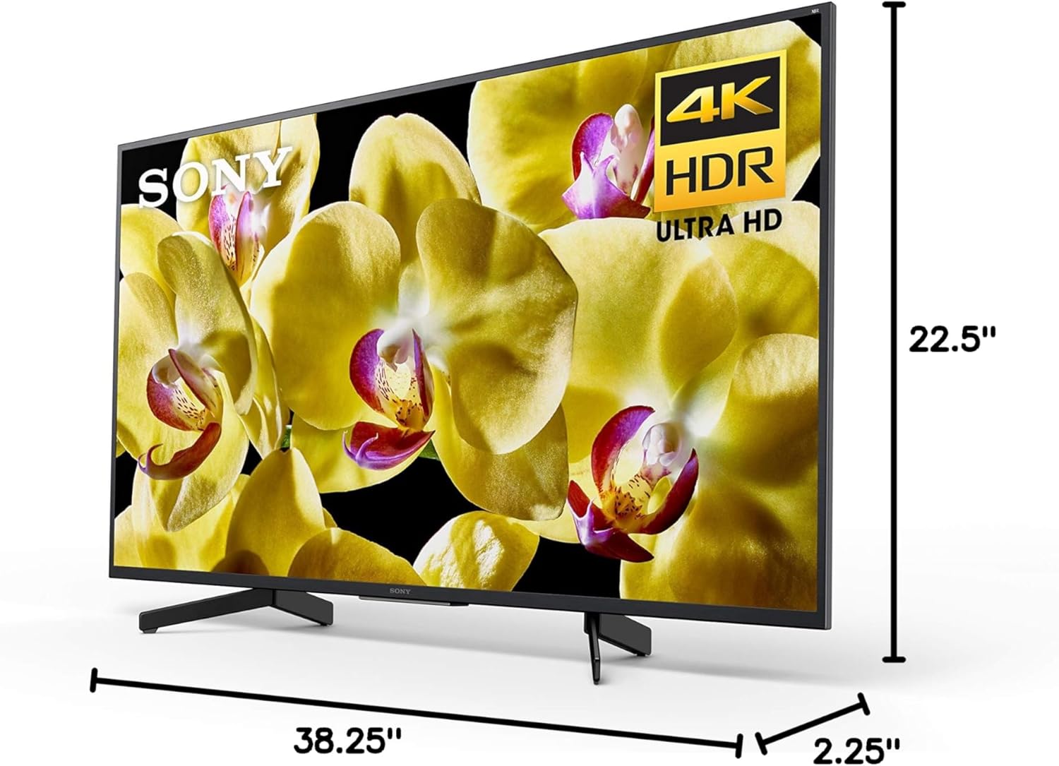 Diagram showing the dimensions of the Sony XBR-43X800G TV, with width 38.25 inches, height 22.5 inches, and depth 2.25 inches.