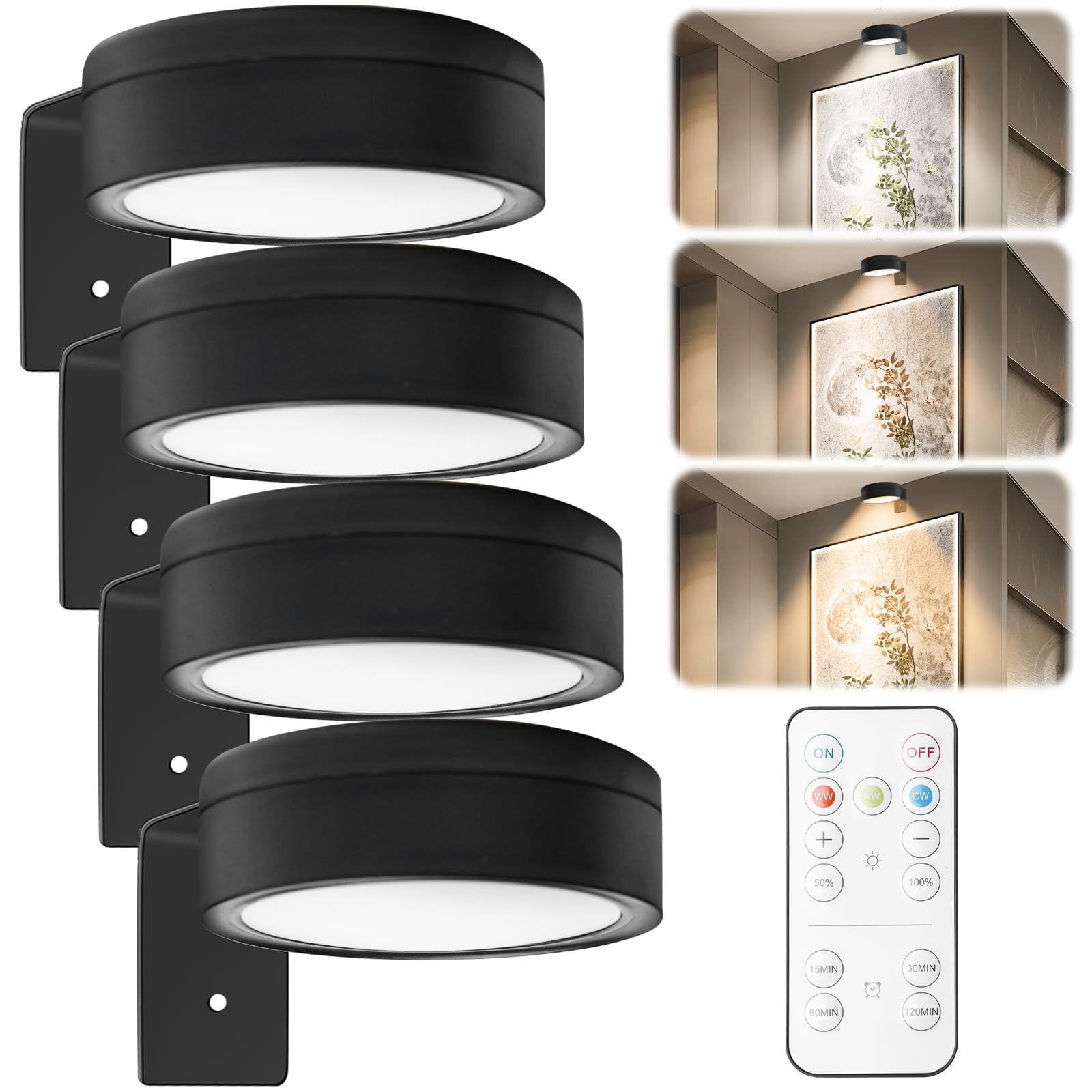 GBKDQQ Zestaw 4 lampek do obrazu, bateria z pilotem zdalnego sterowania, lampa do malowania, światło do ponownego ładowania, 3 temperatury barwowe, przyciemniane diody LED, oświetlenie akcentujące