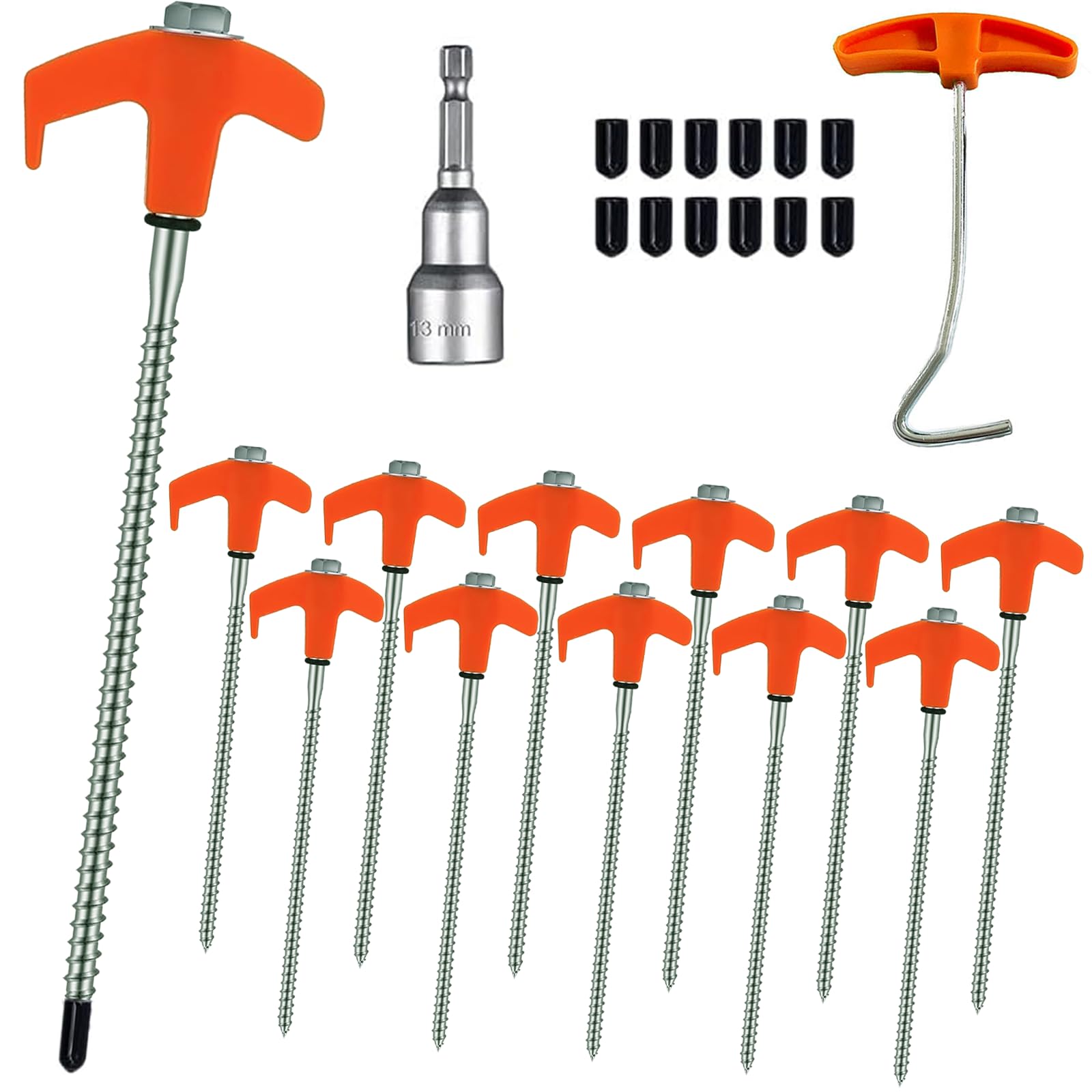 12Pcs 20cm Screw Style Tent Pegs with Puller, Heavy Duty Rotating Awning Stakes, Carbon Steel Ground Anchors Peg, Hexagon Threaded Camping Spikes for Outdoor, Forest, Meadows, Hard Standing (Orange)