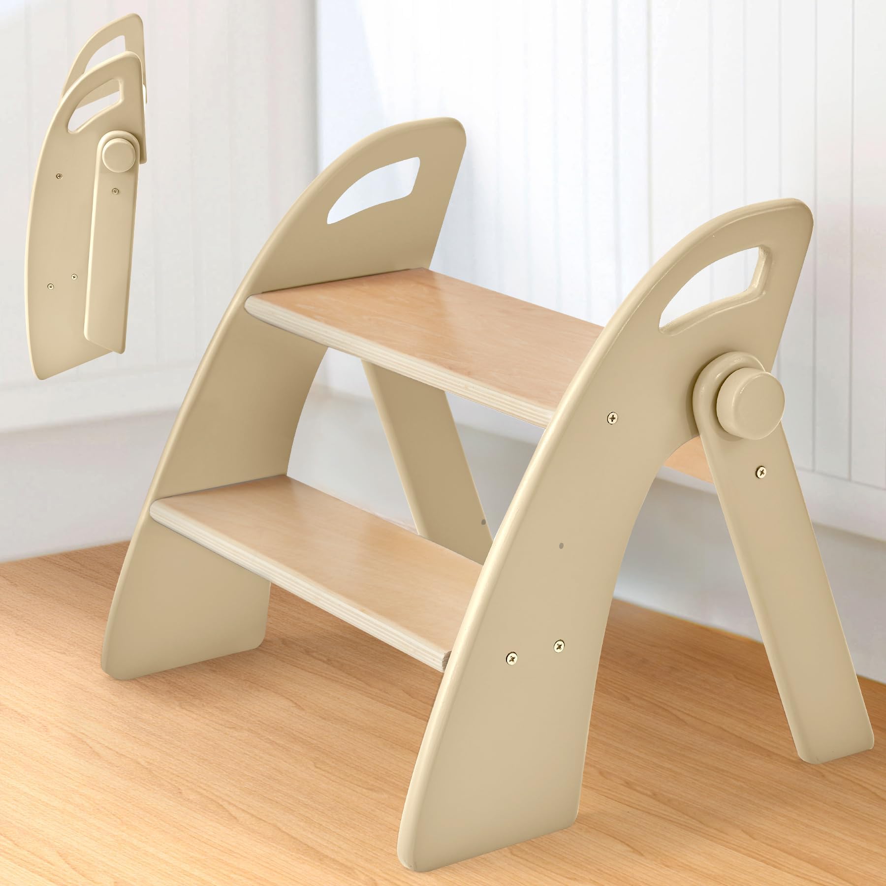 Tritthocker Kinder 2 Stufen aus Holz, 130kg Tragfähigkeit mit Antirutschmatte und Griffen, Faltbarer Trittschemel für Baby, Trittleiter für Bad, Kleinkinderzimmer, Küche, Holzfarbe