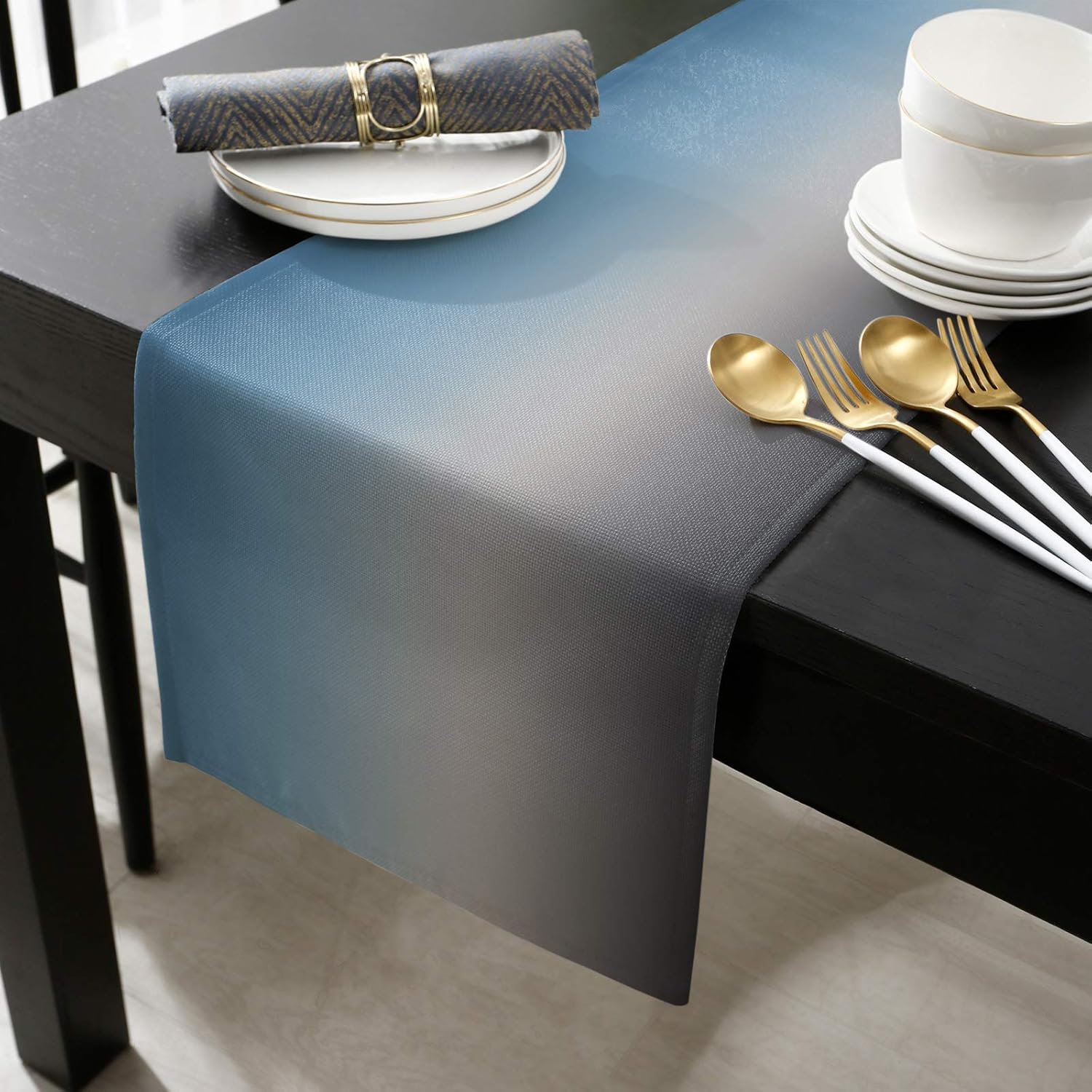 Ombre Blue and Grey Gradient Cotton Linen Table Runner 18''x72'', Luxury Table Runners for Wedding Party Banquet Dinner Decor