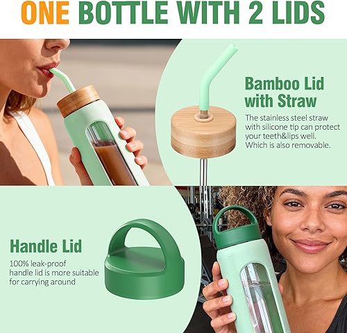 Miniatura 2 de Botella de agua de vidrio de 32 onzas, vaso de vidrio de 1 litro con pajilla, botellas reutilizables con 2 tapas, tapa con asa y tapa de popote de