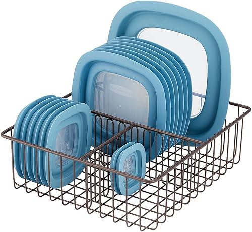 mDesign Soporte de tapa de metal para almacenamiento de alimentos de cocina, organizador de 3 compartimentos para organización en armarios de