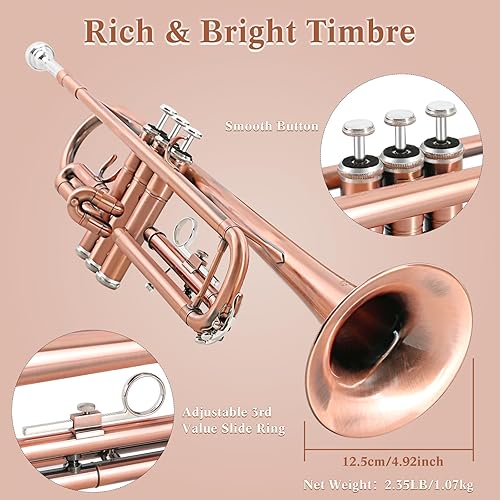 Miniatura 52 de EASTROCK Bb Trumpet Juego de trompeta estándar con estuche de transporte, guantes, boquilla 7C y kit de limpieza (negro)