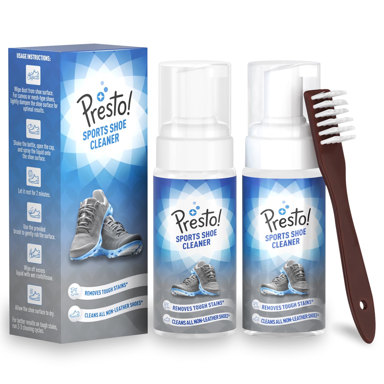 Amazon Brand - Presto! Sports Shoe Cleaner With Brush | 300 ml | 150 ml x 2 Packs | Cleans All Non-Leather Shoes | Sneakers, Rubber Shoe, Canvas Shoe Cleaner | Foam Spray | Removes Tough Stains (B0C8627BSG) Amazon Price History, Amazon Price Tracker