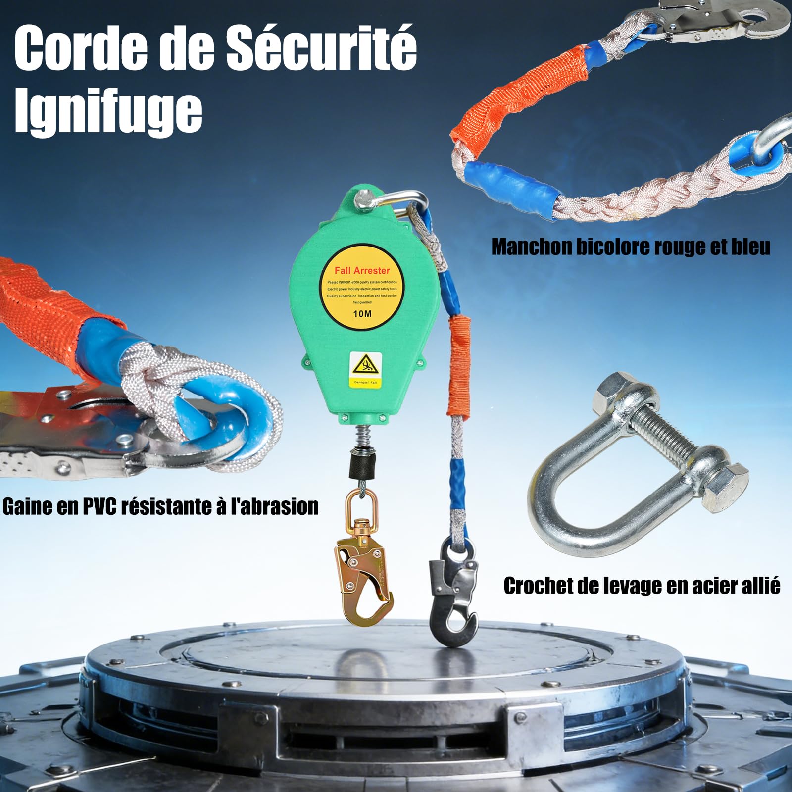 Dispositif Antichute a Rappel Automatique, Harnais de Securite Anti Chute Toiture avec Mousqueton, Stop Chute Toiture à Rappel Automatique Adapté aux Travaux en Hauteur et à l'Escalade