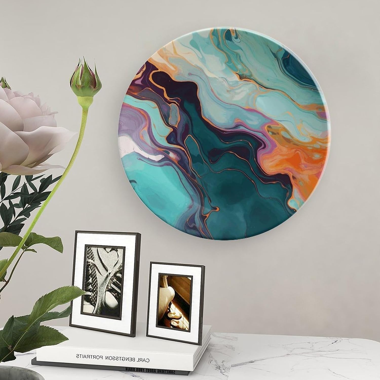 Colourful Marble Decorative Plates for Display Round Porcelain Plate Living Room Table Ceramic Hanging Decorative Plate Art Decor for Living Room Table with 1 Display Stand 8inch