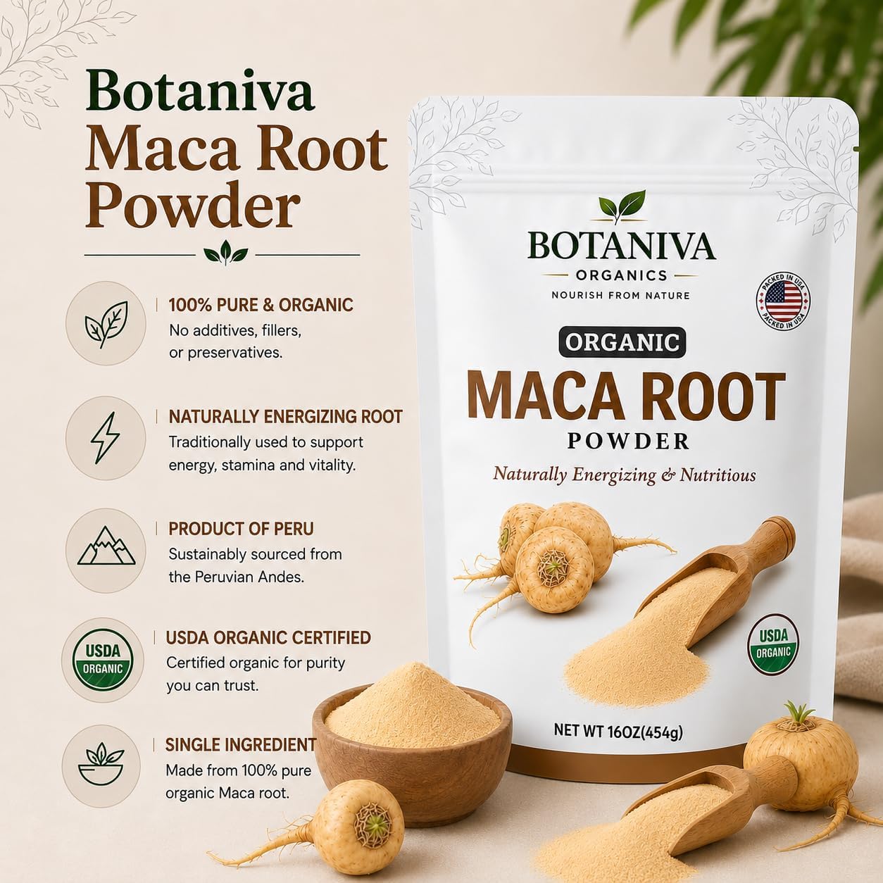 Organic Maca Root Powder, 16 oz (454g) – USDA Organic Peruvian Maca, Single Ingredient,Gelatinized , Superfood for Smoothies, Shakes & Daily Wellness. Easy absorption. Vegan, Gluten free and NGMO image 4