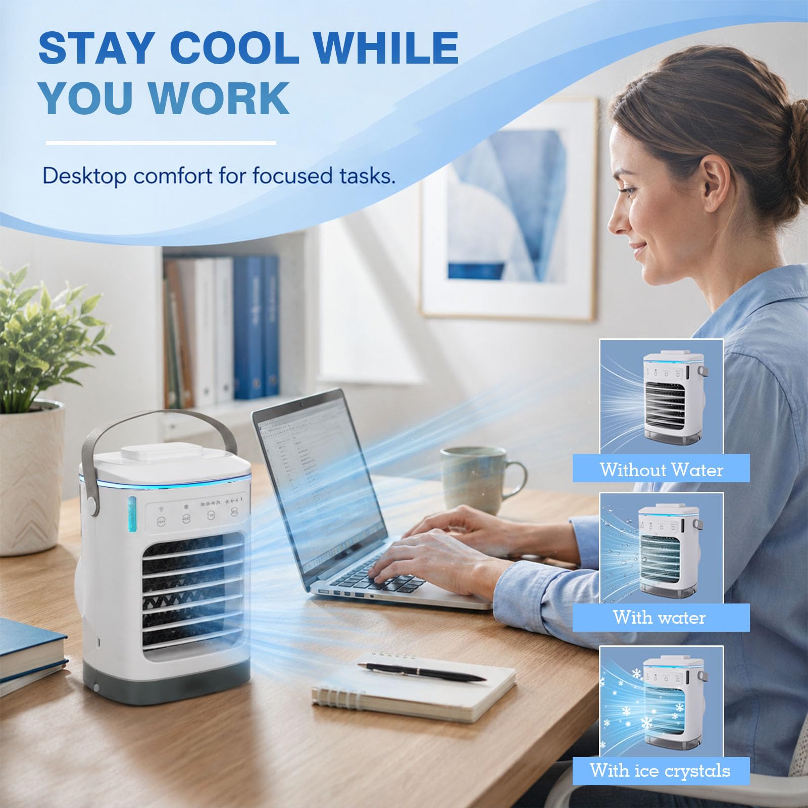 Mini Aire Acondicionado Portátil 4 En 1, Enfriador De Aire Con Depósito De Agua De 700 Ml, Aire Acondicionado Sin Tubo Con 2 Acumuladores De Frío, 4 Velocidades, Temporizador 2-8 H, Luz LED, Pulveriza