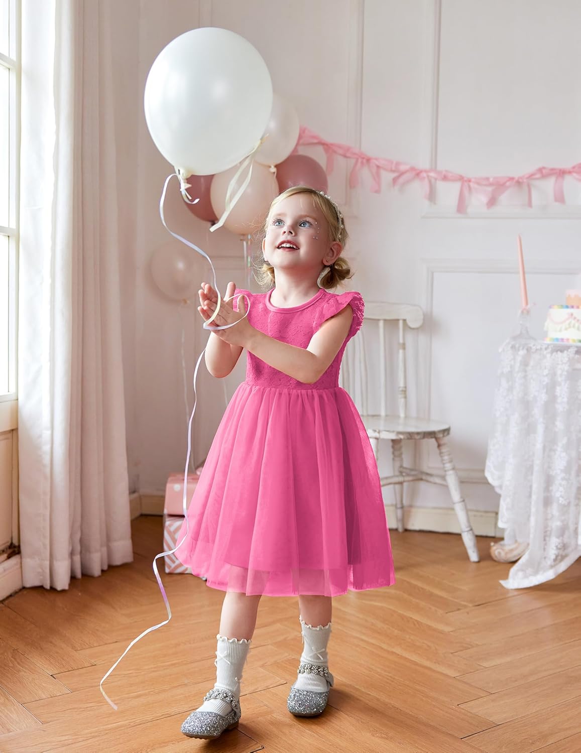 Arshiner Toddler Lace Tutu Dresses Ruffle Sleeve 3 Layers Tulle Flower Wedding Birthday Summer Little Girls Dress 7-8 Years Hot Pink image 3 of 6 B0F335NL6B