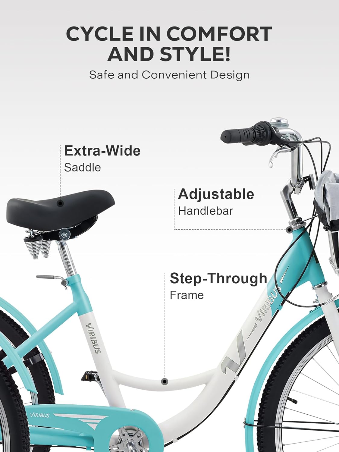 VIRIBUS Tricycle for Adults, 7 Speed Adult Tricycles for Women Seniors Men with Front and Rear Removable Wheeled Baskets, 3 Wheel Bikes 26 inch 400 lb. Capacity for Obese People, Three Wheeler