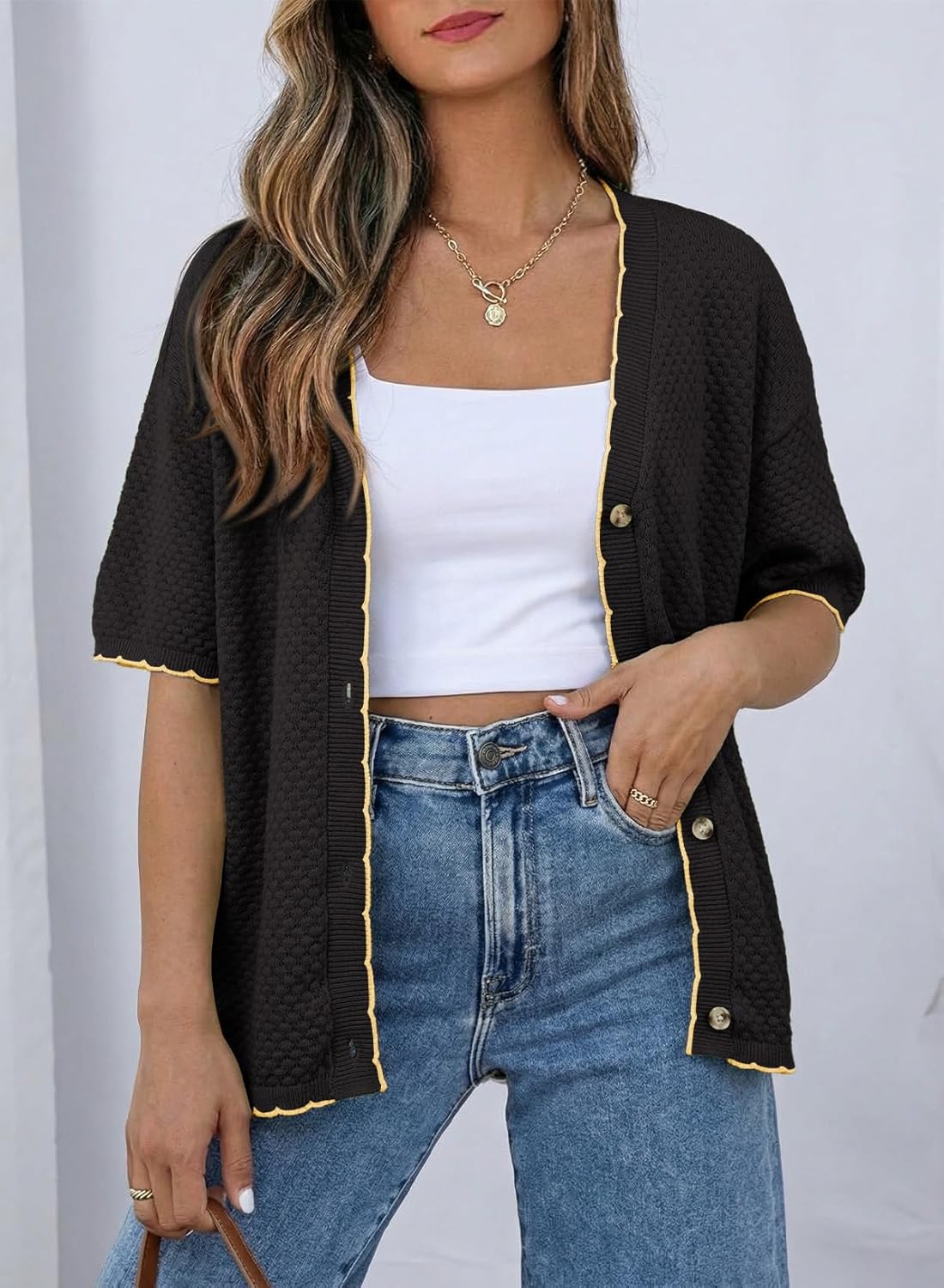 Dokotoo Womens Summer Knit Tops 2026 Textured Button Down Shirts Casual V Neck Short Sleeve Cotton Blouses - Image 3