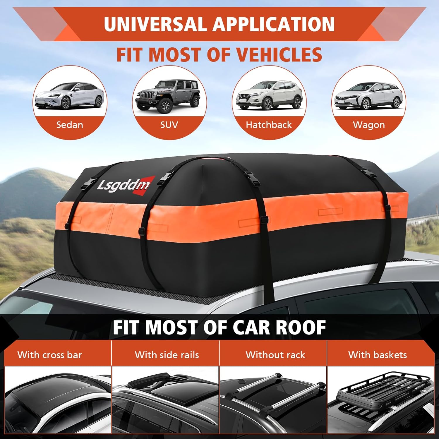 Roof Bag, Waterproof Soft Car Top Carrier Without Rack, 15 Cubic Feet Cargo Carrier for Top of All Vehicles with/Without Rack, Includes Anti-Slip Mat, 4 Door Hooks, Luggage Lock, Storage Bag