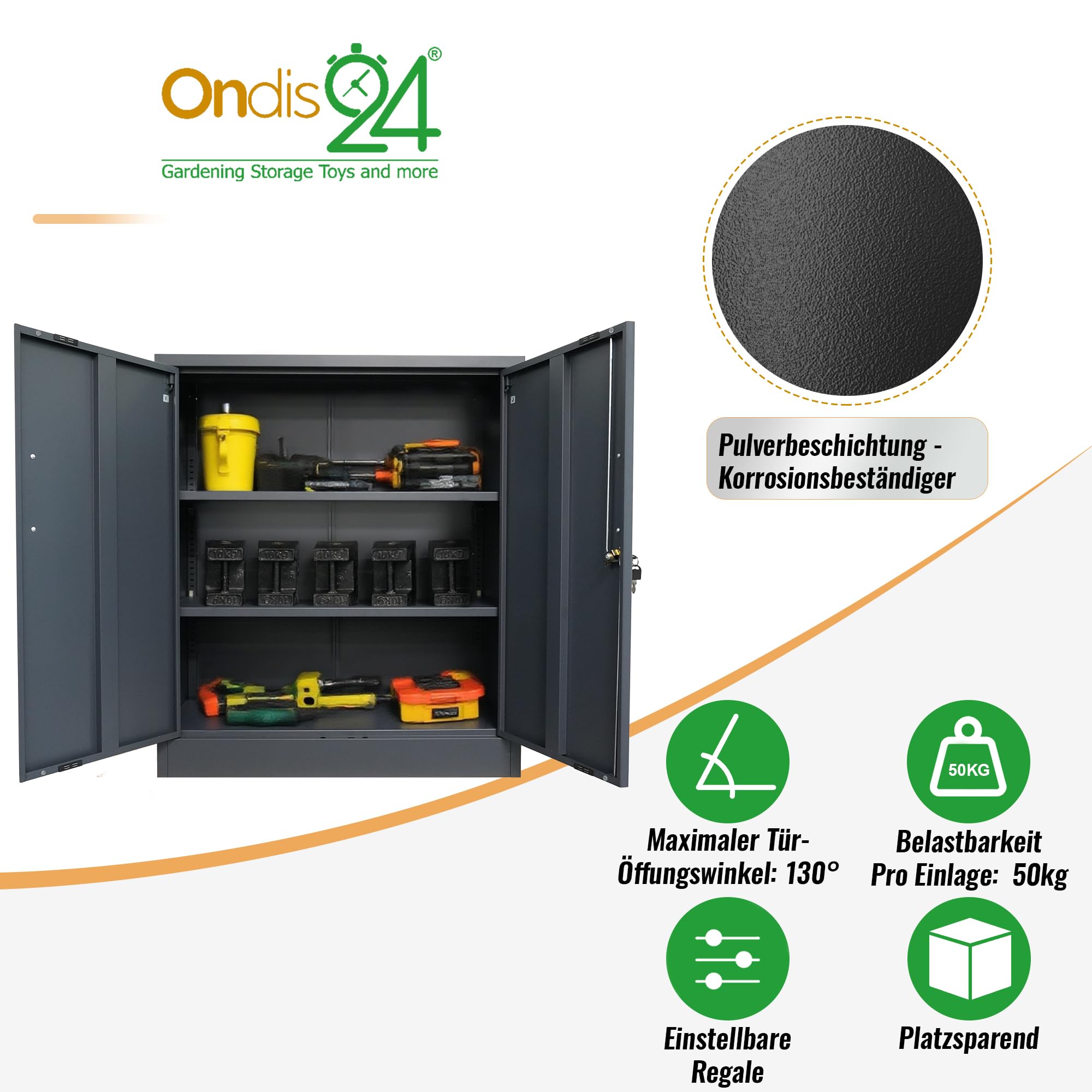 ONDIS24 Aktenschrank, Mehrzweckschrank, Schloss, verstellbare Ablagen, Stabil, belastbar, Doppeltüren mit Türmagnet, Griffen Robust und sicher, werkzeugschrank, Büro, Werkstatt, Garage (Anthrazit, 90)