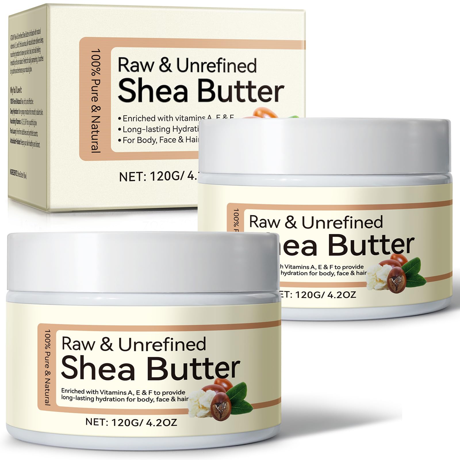 2PCS Organic Shea Butter, Raw & Unrefined Shea Butters for Body Face & Hair, Pure Shea Butter with vitamins A, E & F