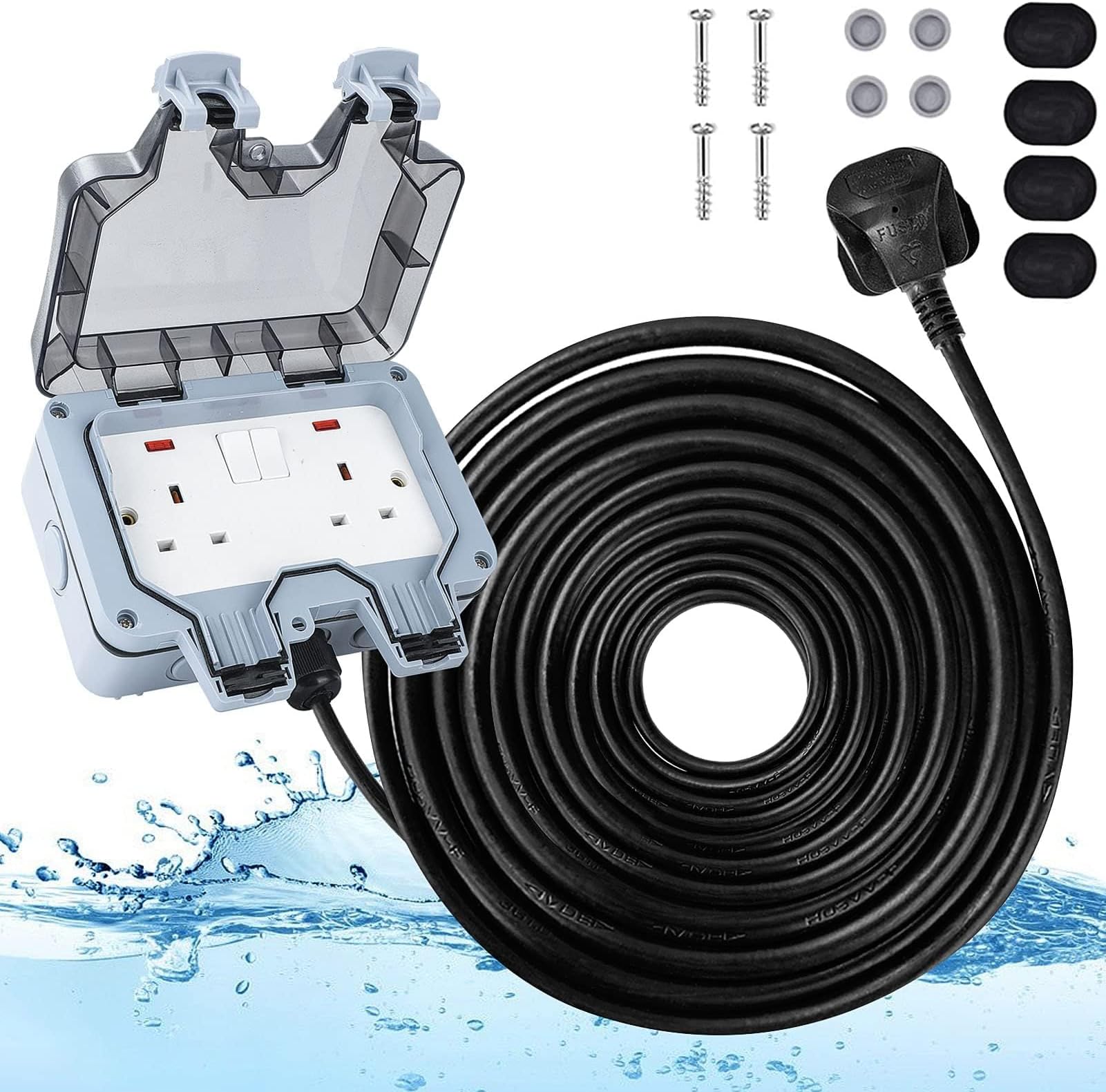 Youyijia25M 2 Gang IP66 Outdoor Waterproof Socket with Extension Lead Double Switched Sockets Cover Rated Weatherproof Wall Plug Socket Box