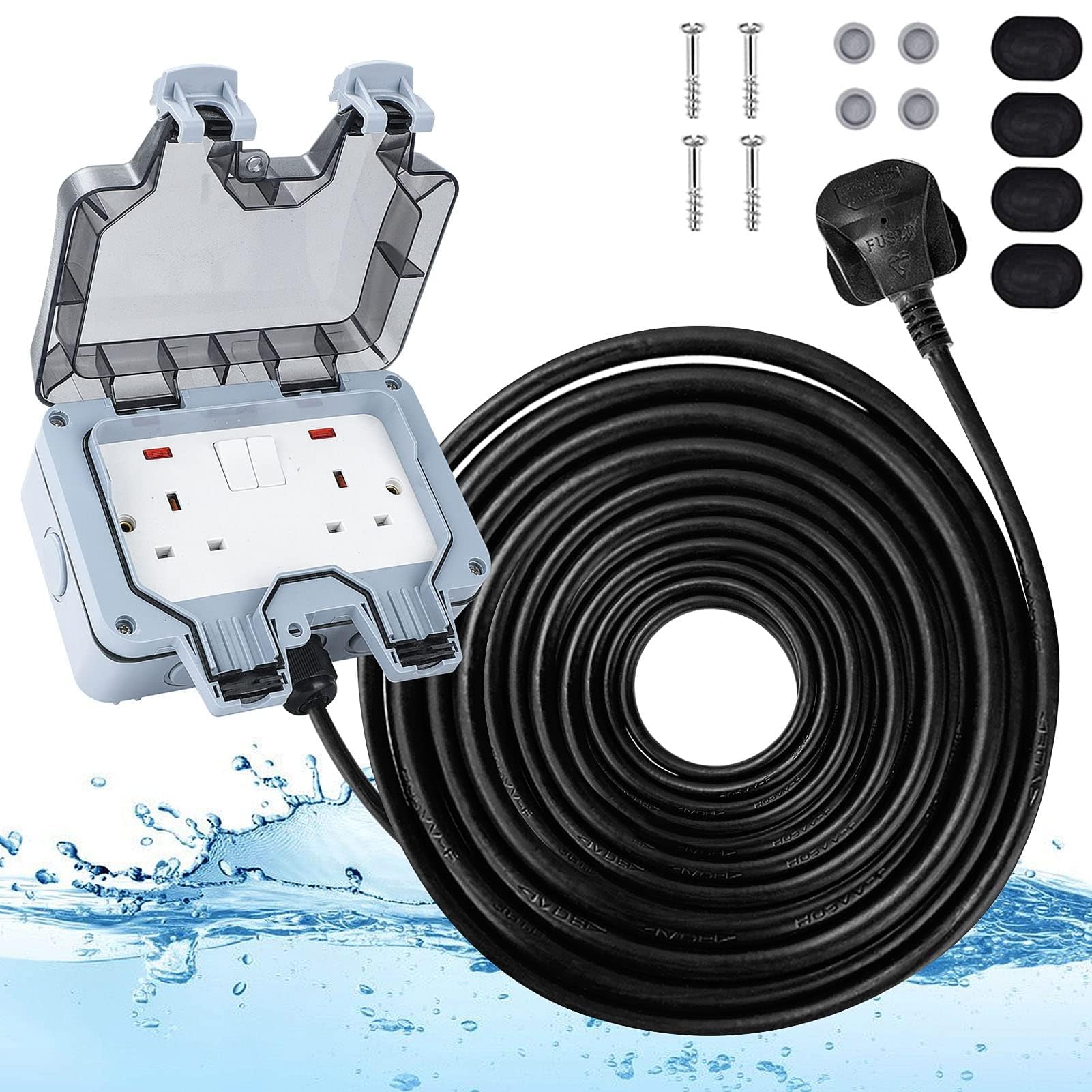Youyijia25M 2 Gang IP66 Outdoor Waterproof Socket with Extension Lead Double Switched Sockets Cover Rated Weatherproof Wall Plug Socket Box