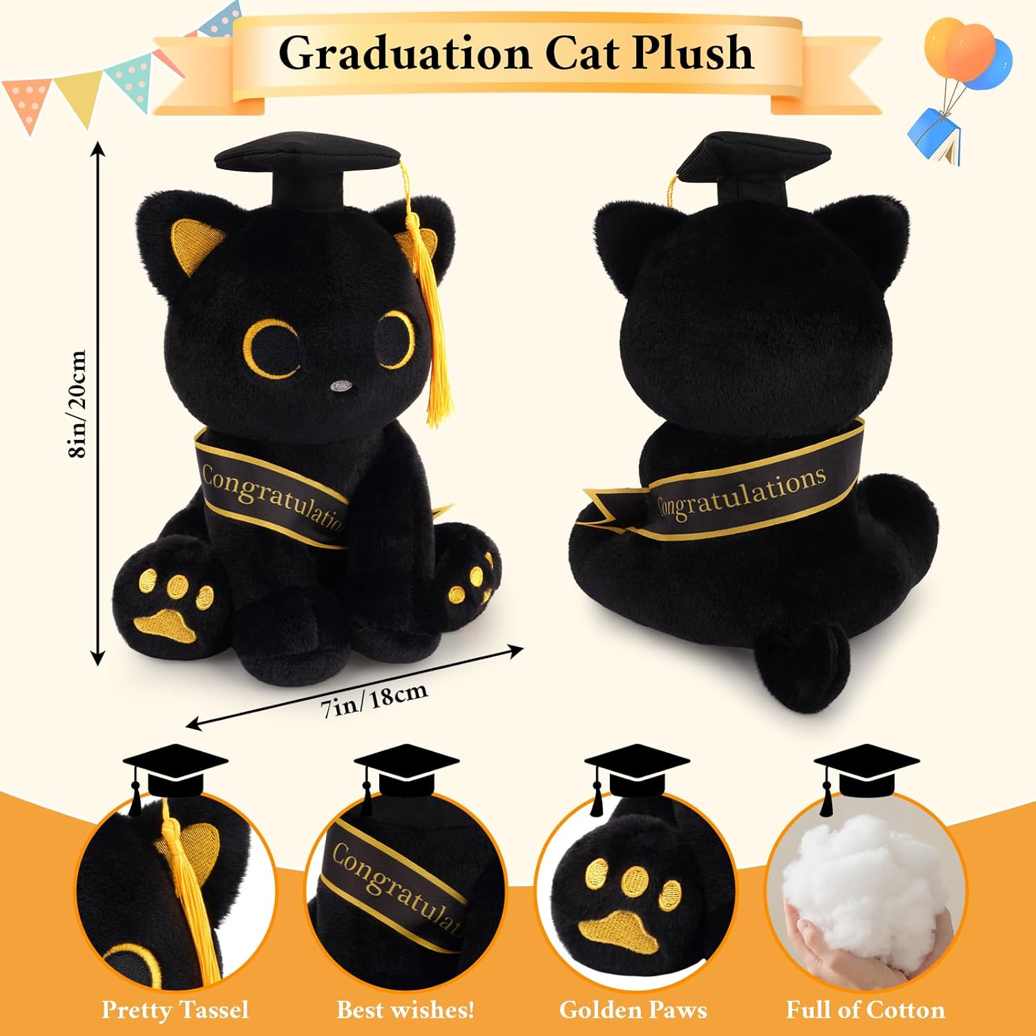 Class of 2026 Graduation Cat Plush - 8" Black Cat Plush with Cap & Golden Tassel Graduation Gift for Her Kids Him, Cute Plushies Toy for Kindergarten, High School College