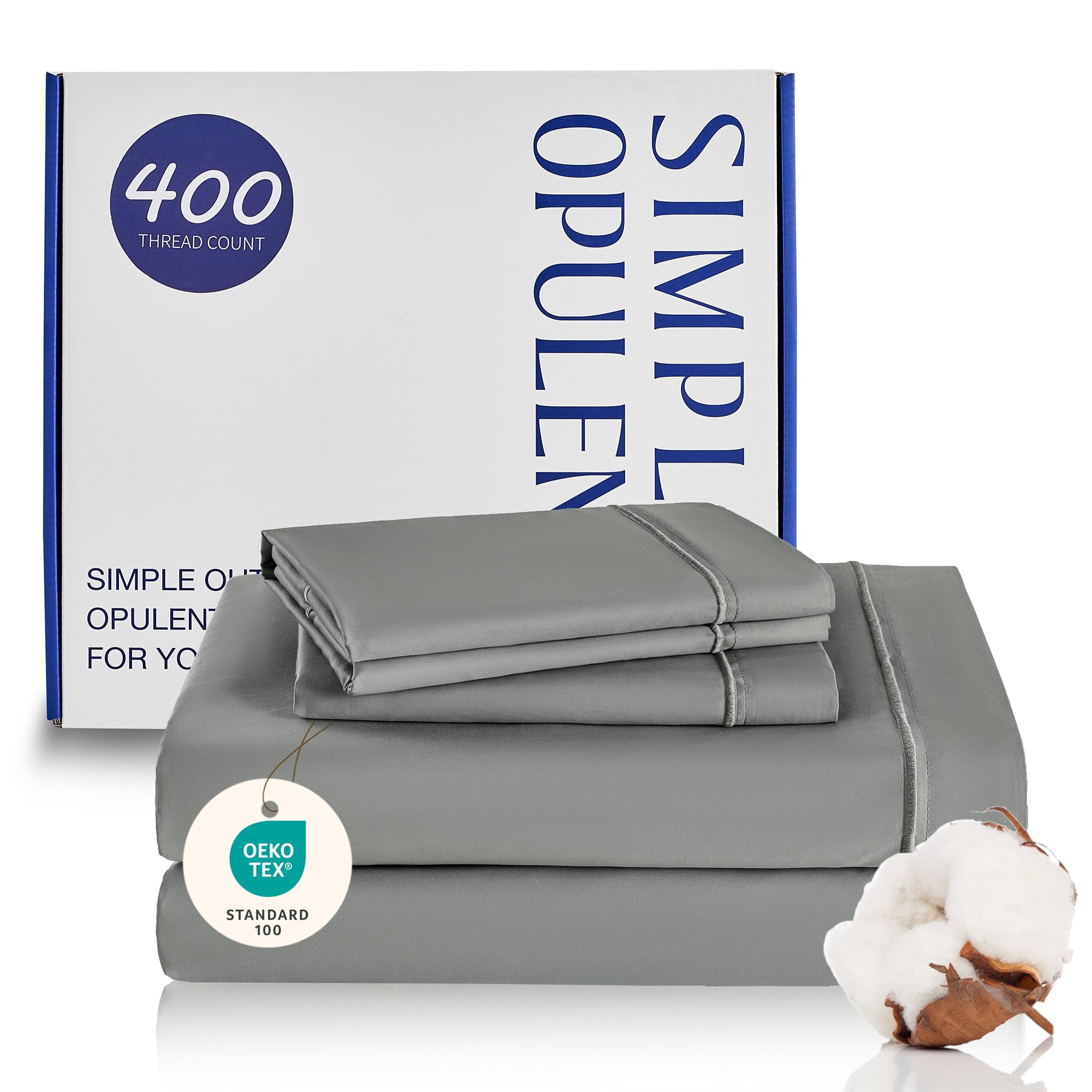 Simple&Opulence 100% Egyptian Cotton Duvet Cover Set 400 Thread Count Embroidery Design Long Staple Pure Soft Sateen Weave Bedding Set - Grey, King Size