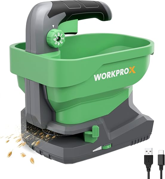 WORKPROX Épandeur de Graines Électrique 7,2 V avec 8 Débits, 6 Vitesses et Largeur de Projection Réglable, Épandeur pour Gazon avec Batterie Intégrée 2,0 Ah pour Graines, Engrais et Sel de Déneigement - 1