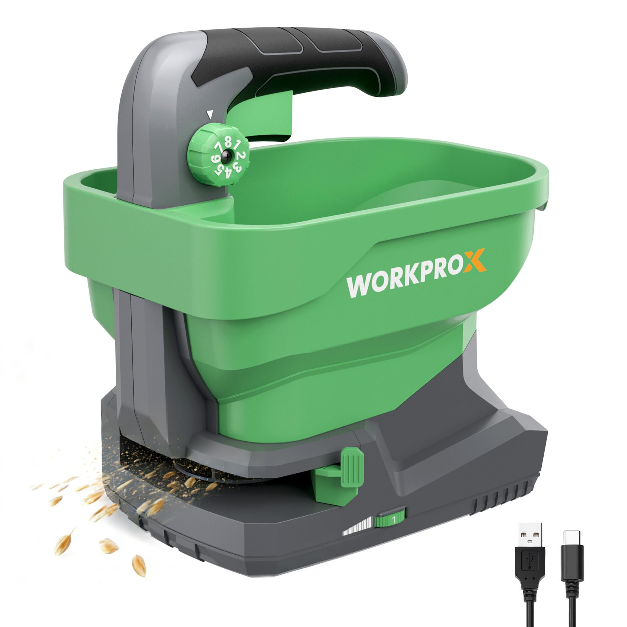 WORKPROX 7.2 V Grass Seed Spreader with 8-Flow-Rate, 6-Speeds and Adjustable Scatter Width, Lawn Seed Spreader with 2.0 Ah Built-in Battery for Seeds, Fertilizer and Rock Salt