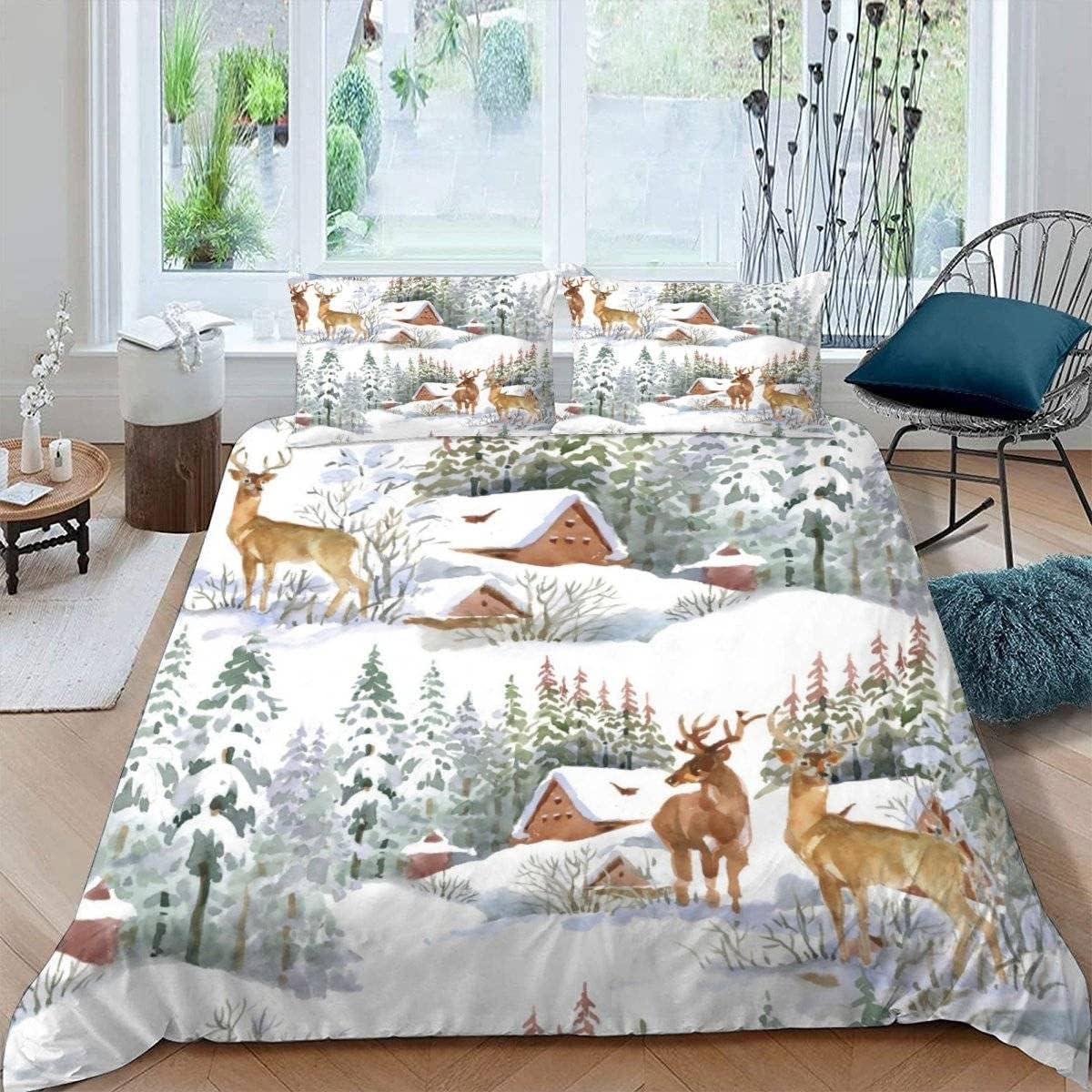 MEVASA King Bedding Set Deer 3d Printed Girls Boys Adults Soft Microfiber Fluffy Breathable Kingsize Duvet Cover Set Winter Snow Scene Bedding King Size with 2 Pillow Cases /230x220