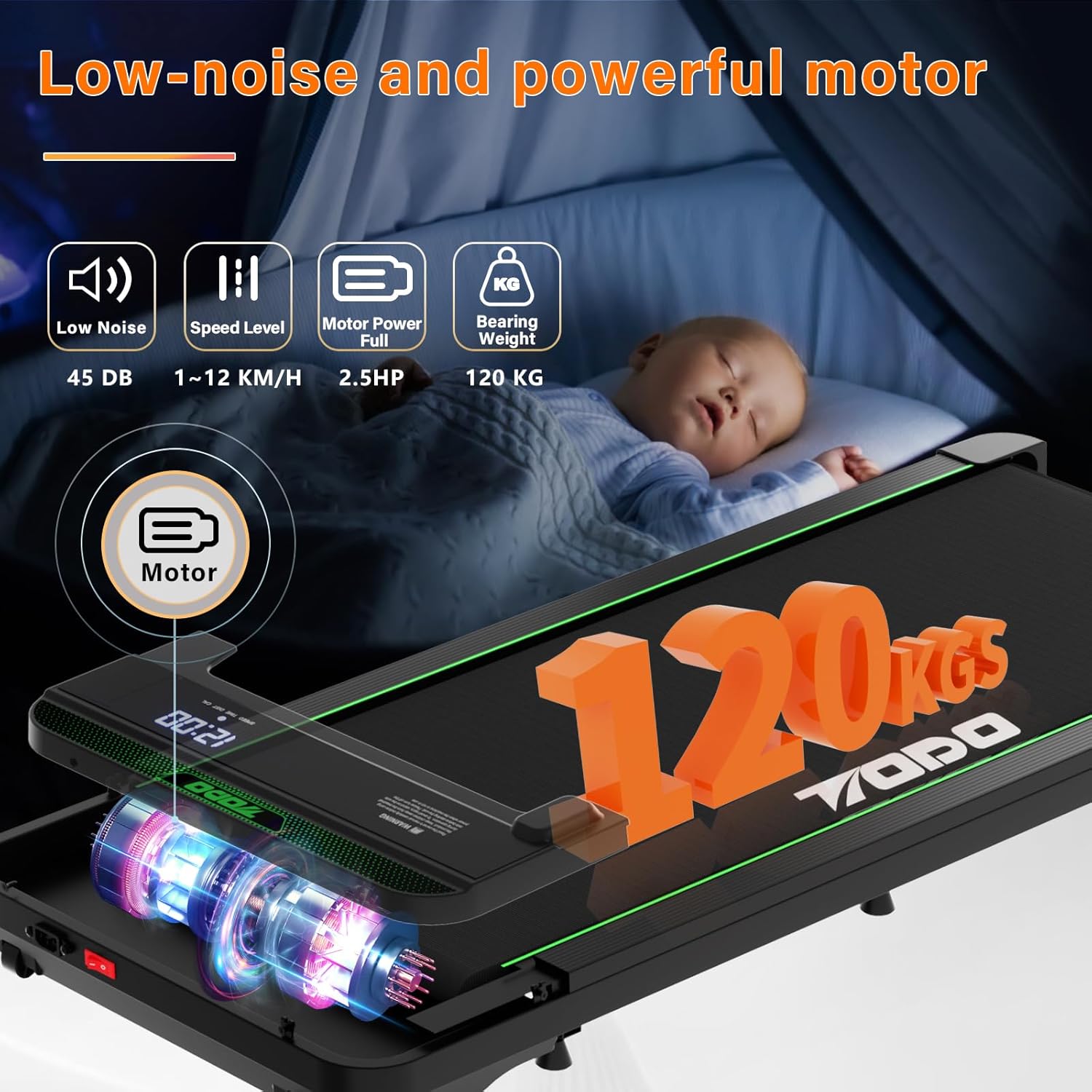 Detaljno view of the treadmill's motor and internal components, highlighting its low noise level and 120 kg weight capacity.