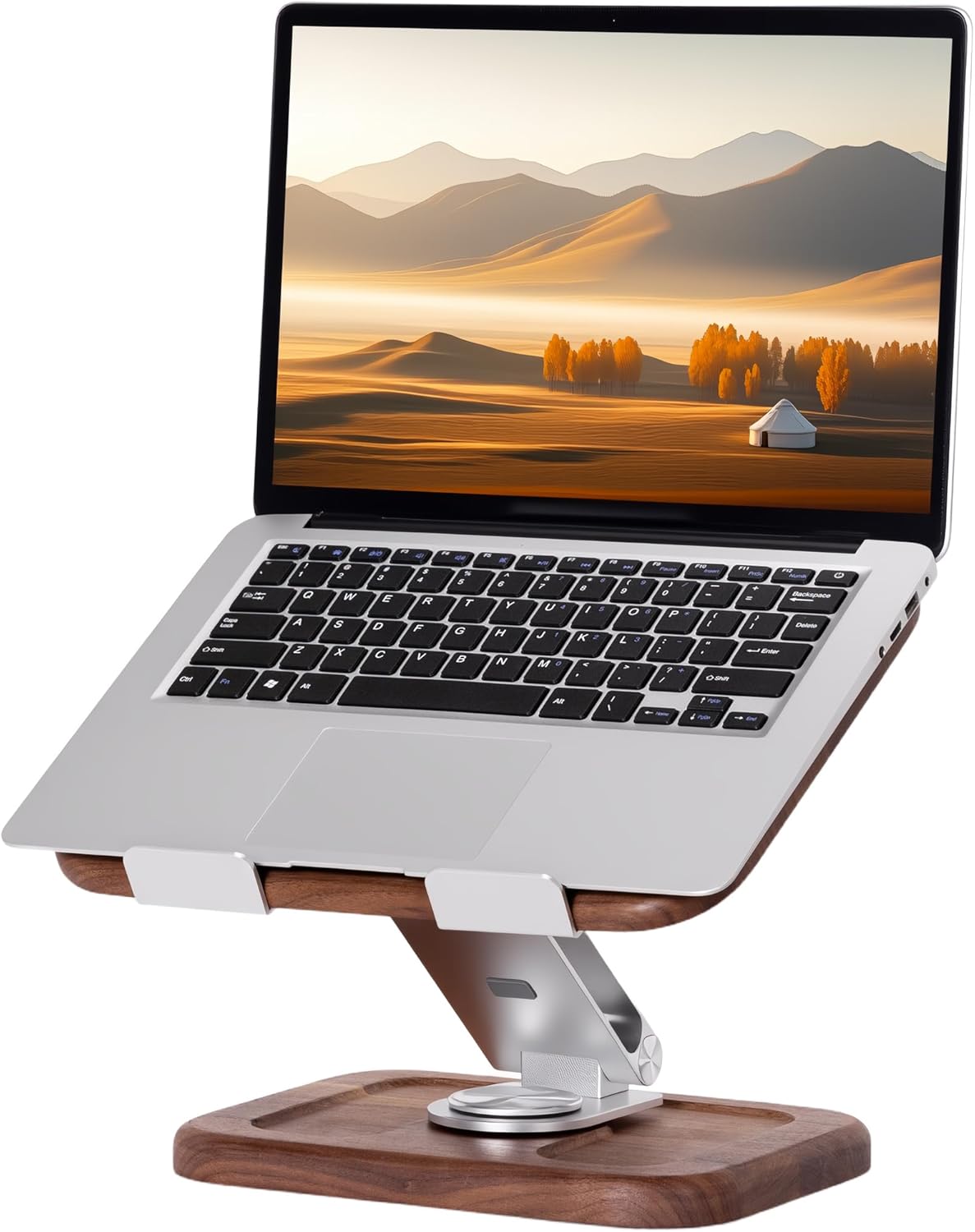 Walnut-Wooden Laptop Stand for Desk, Adjustable Height & Angle with 360° Aluminum Alloy Swivel Base, Wood Laptop Stand Compatible with MacBook Pro, All Laptops 10-17", Brown