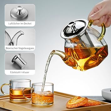 MESNEY 790 ml glass teapot with stainless steel strainer and heat-resistant borosilicate glass drip-free design dishwasher safe ideal for all types of tea elegant and practical