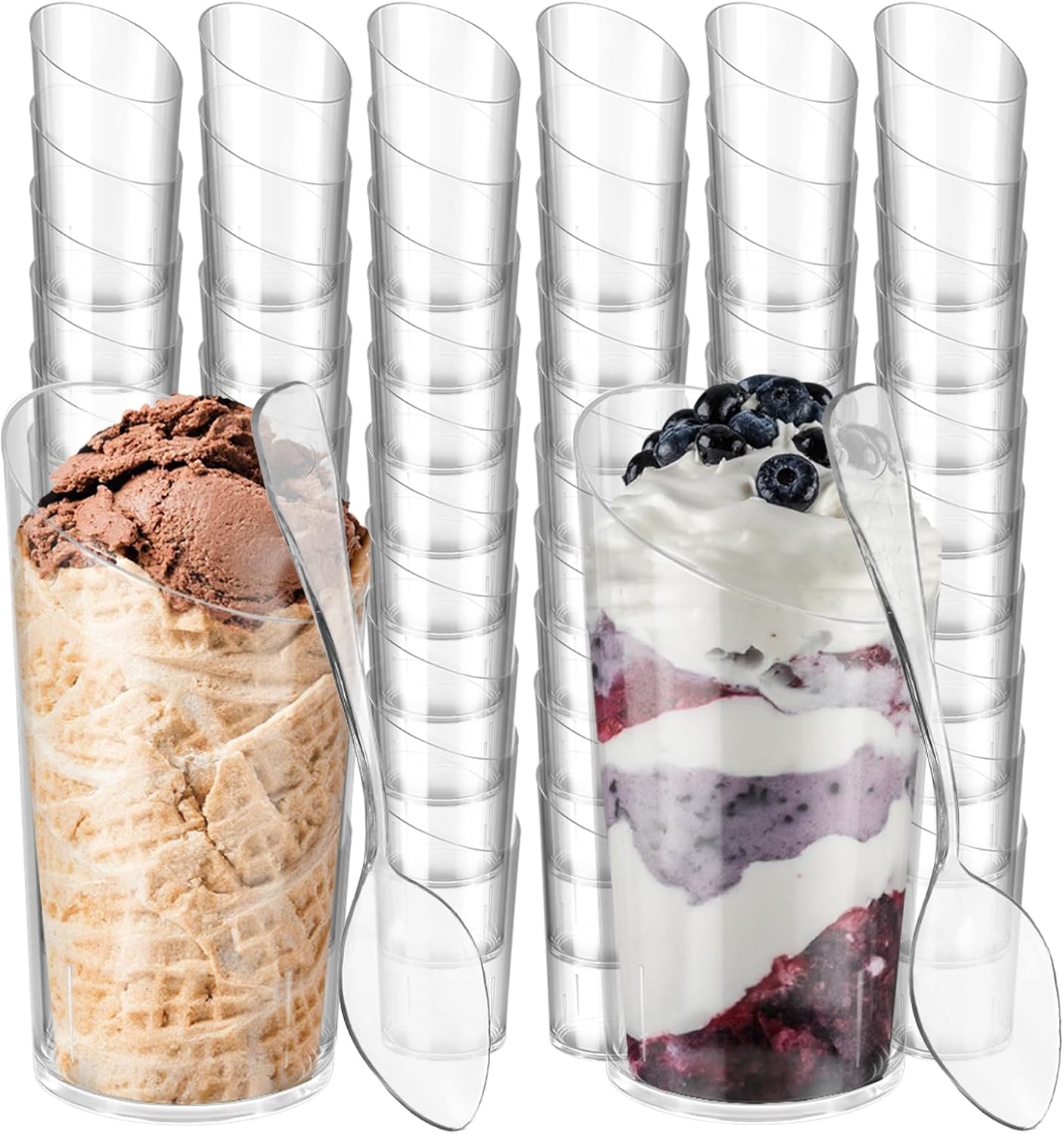 100pcs Mini Round Dessert Cups Goblet with Spoons Bulk 3 oz Clear Plastic