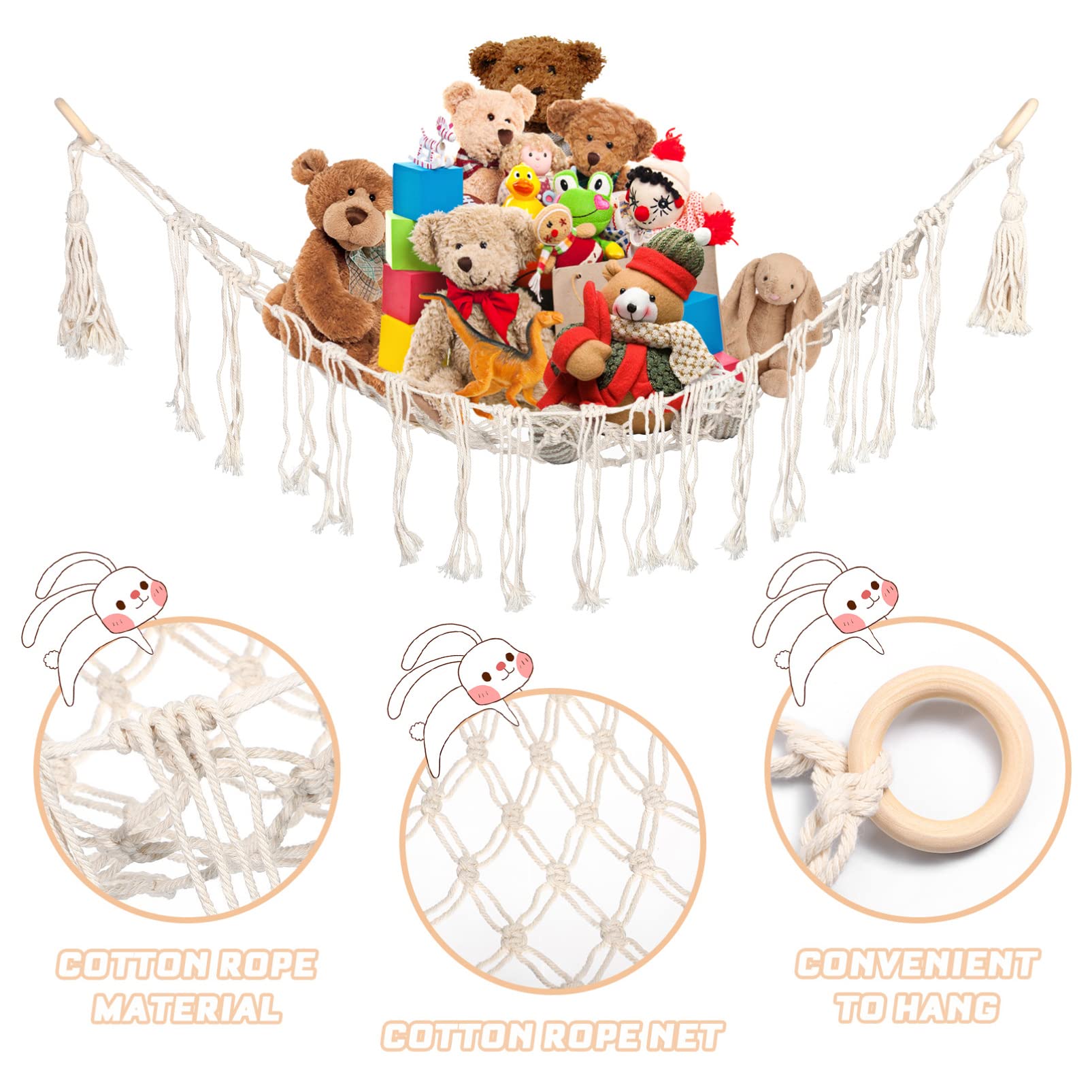 Amaca Per Peluche – Rete Portagiocattoli Facile Da Appendere, 170x170x119 Cm, Bianca, Con Tasselli E Ganci