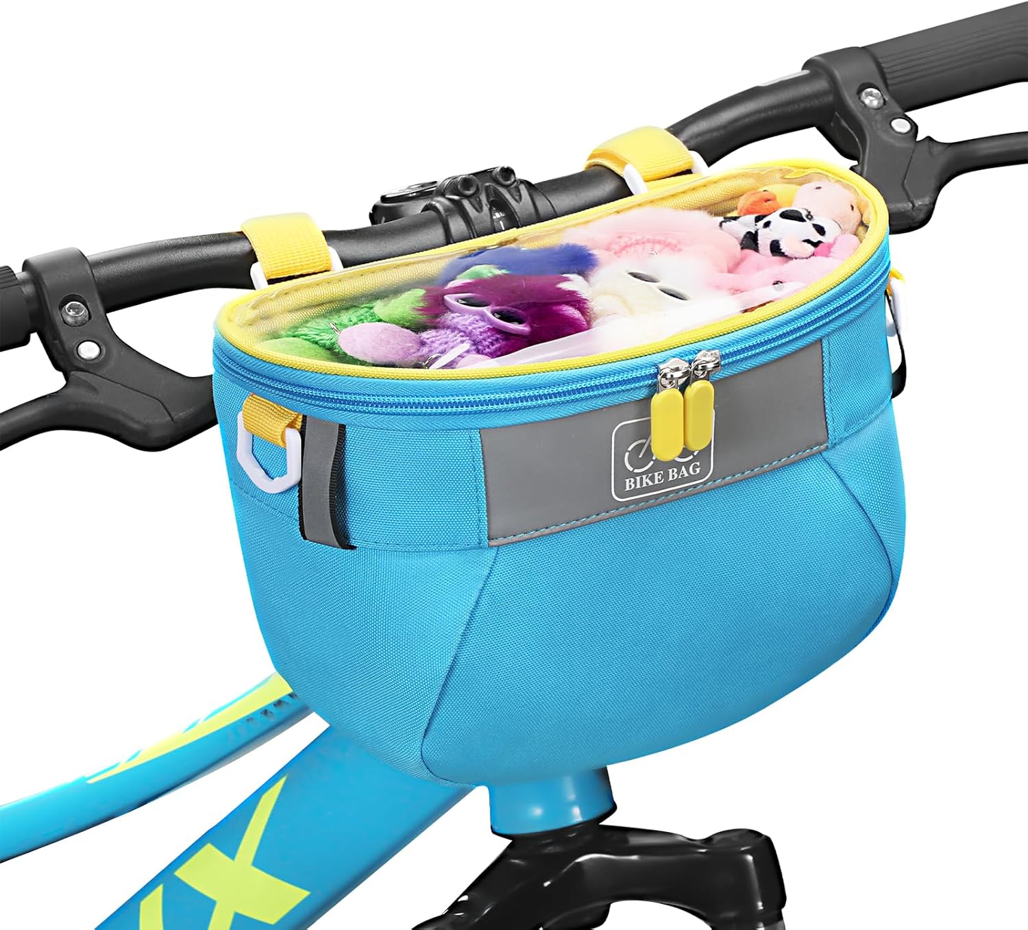 Bike Handlebar Bag, Cute Pattern Bicycle Front Bag with Transparent Visible Pocket, Reflective Safety Design & Stable Mount for Scooter Cycling Outdoor Activities (Light Blue)