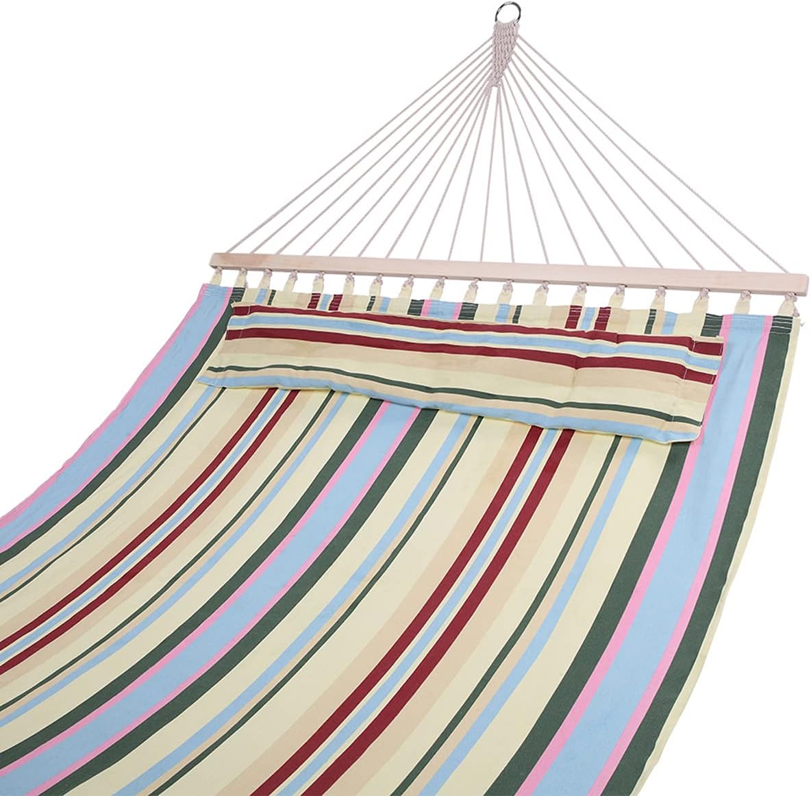 Hammocks Portable with Hardwood Spreader Bar Pillow Outdoor Heavy Duty 2 Person for Indoor Outdoor Camping Beige Stripe Pattern